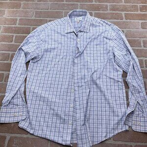 Peter‎ Millar Shirt Men Large Blue Pink Check Plaid Summer Comfort Nylon Stretch